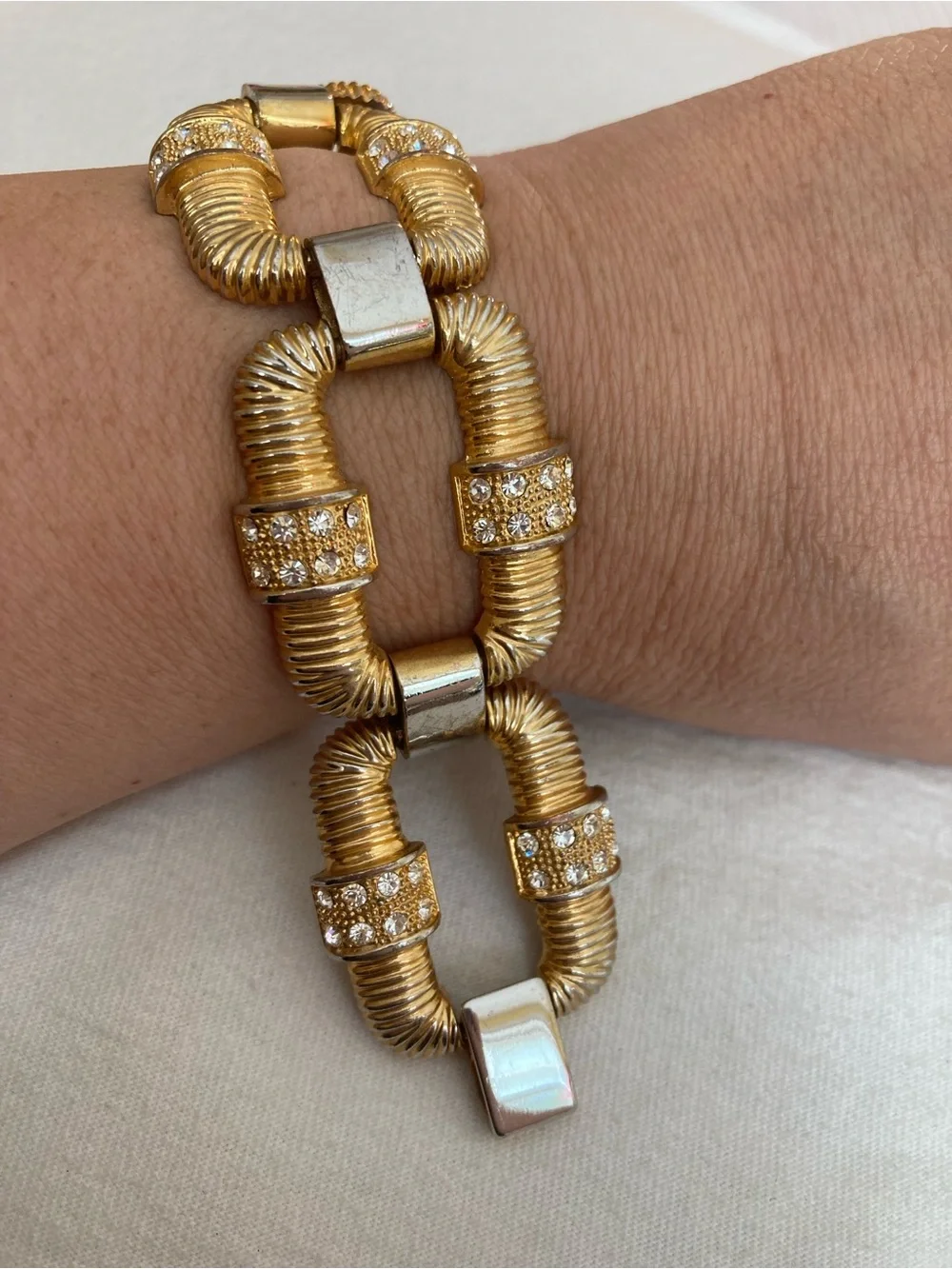 Gold Tone and Rhinestones Panel Link Vintage Bracelet